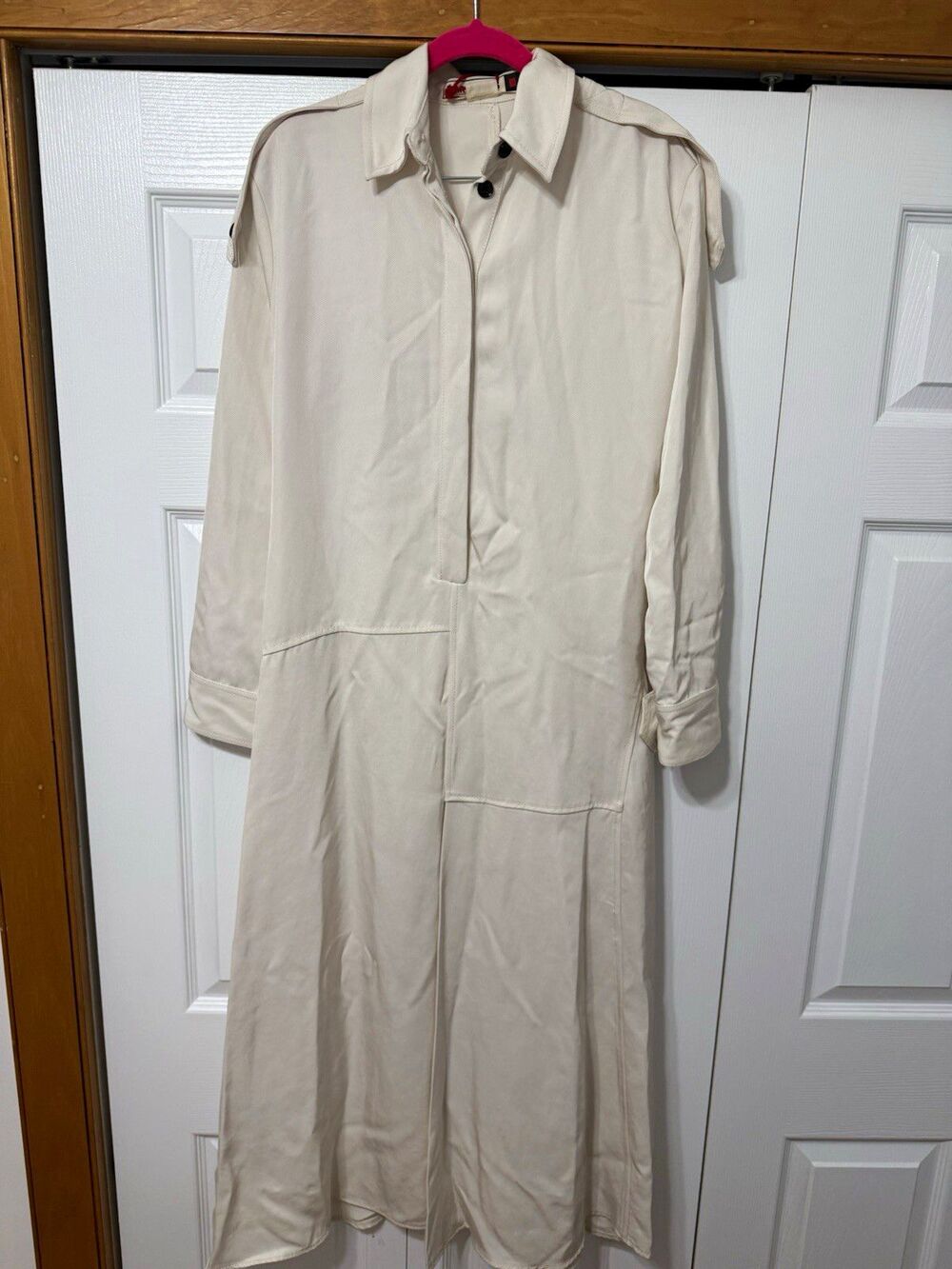 ZARA SRPLS White Triacetate Satin Collared Long Sleeve Trench Dress Women’s S
